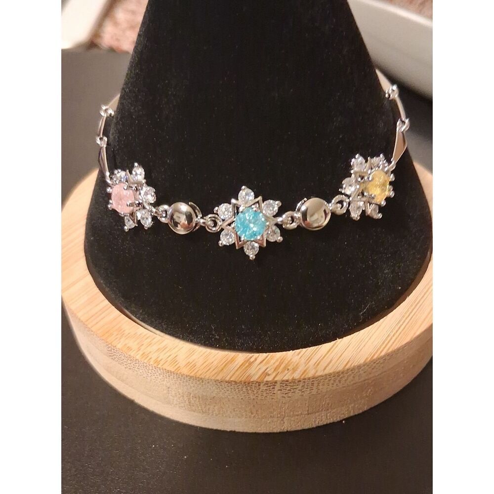 Candy Bracelet White Gold Plated, Clear & Colored CZ With Extention 7 To 7.5"